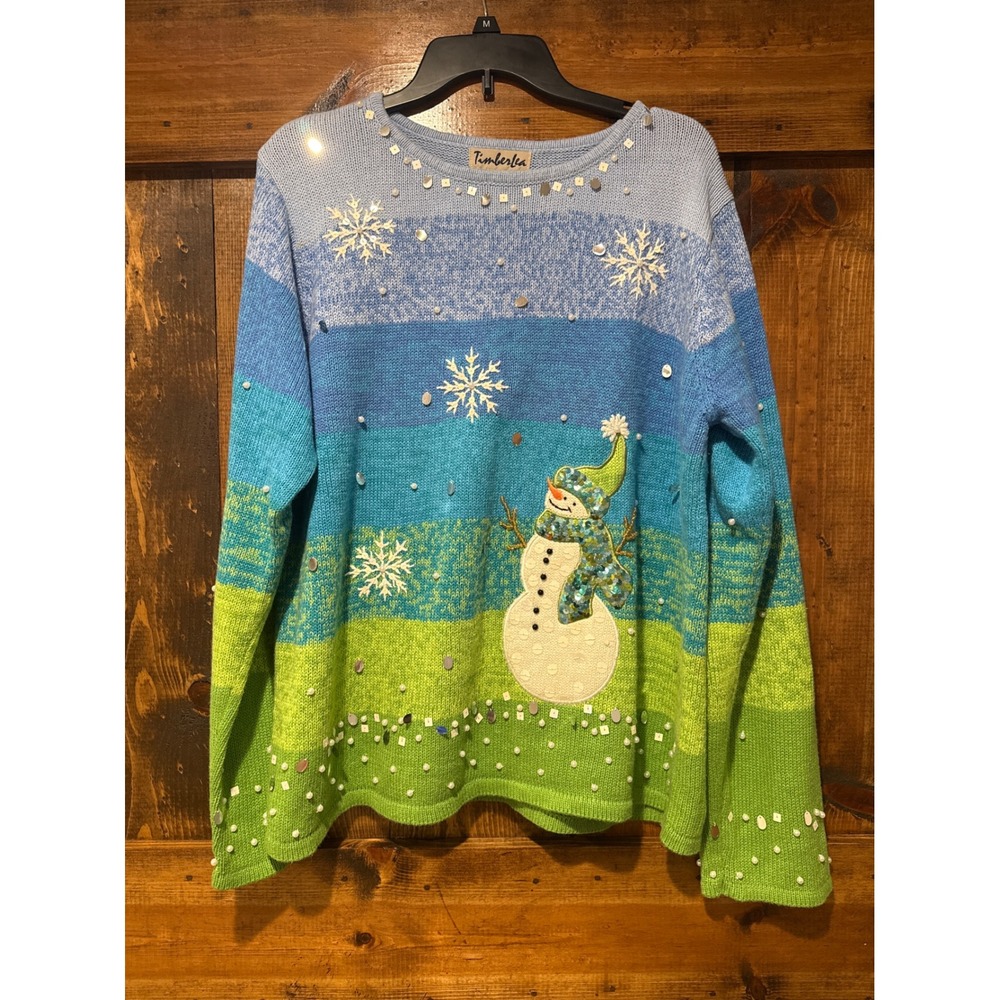 TimberLea Snowman Snowflake Beaded Holiday Sweater Blue Green Ombre XL